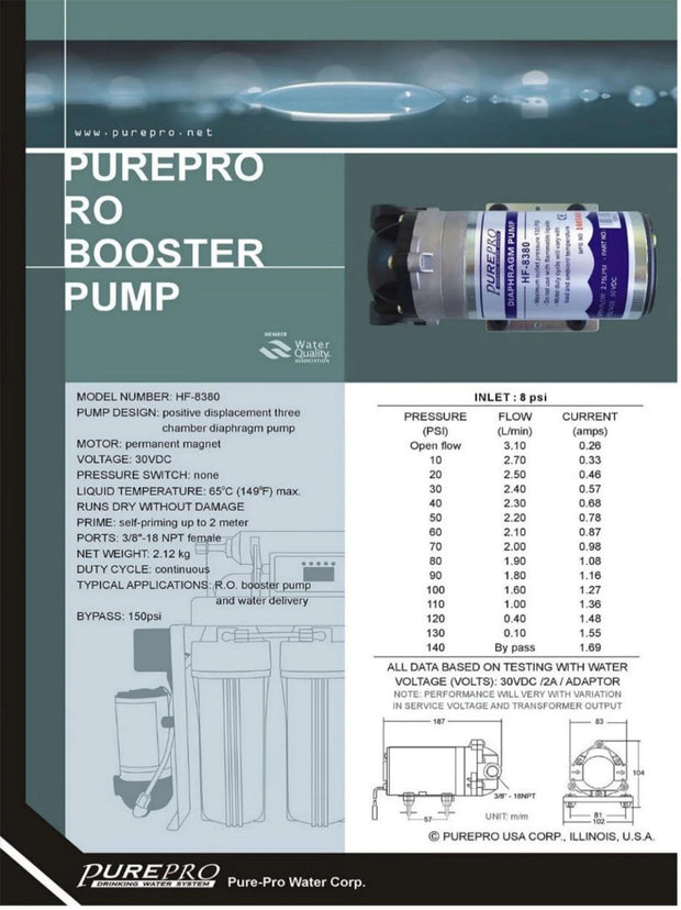 PUREPRO HF-8380 High-Flow RO Booster Pump (Up to 150 PSI)